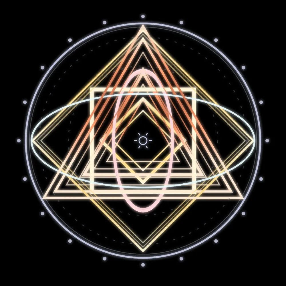 A practice mandala from the Lissa app: glowing triangles, squares and ellipses in coral, gold, pink and blue inside a ring of beads